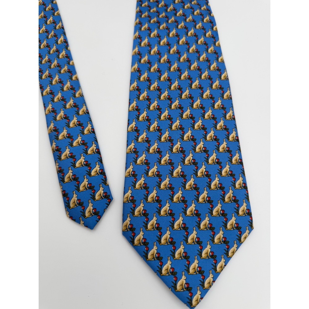 Burberry Mens Silk Tie Blue Rabbit Tulip Animal Print Made in Italy Necktie